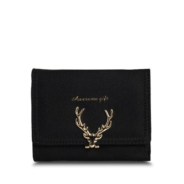 2017 Latest Christmas Deer Women Leather Wallet VintageTri-Folds Luxury Cash  Purse Girl Small Black Clutch coin purses holders