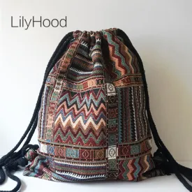 2017 Women Vintage Backpack Female Gypsy Bohemian Boho Chic Aztec Folk Tribal Ethnic Fabric Brown String Drawstring Backpack Bag