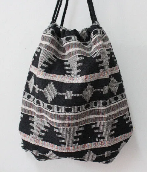 2017 Women Vintage Backpack Female Gypsy Bohemian Boho Chic Aztec Folk Tribal Ethnic Fabric Brown String Drawstring Backpack Bag