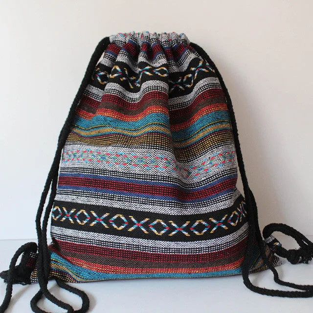 2017 Women Vintage Backpack Female Gypsy Bohemian Boho Chic Aztec Folk Tribal Ethnic Fabric Brown String Drawstring Backpack Bag