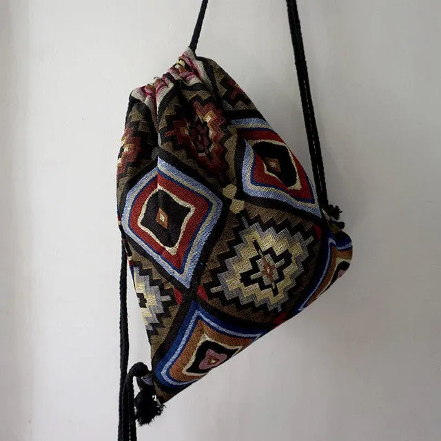 2017 Women Vintage Backpack Female Gypsy Bohemian Boho Chic Aztec Folk Tribal Ethnic Fabric Brown String Drawstring Backpack Bag