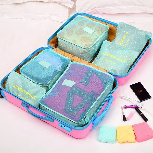 6 Pieces/Set Nylon Packing Cubes 2017 Luggage Travel Bag Floral Dot Large Capacity Of Bags Unisex Clothing Sorting Organize Bag