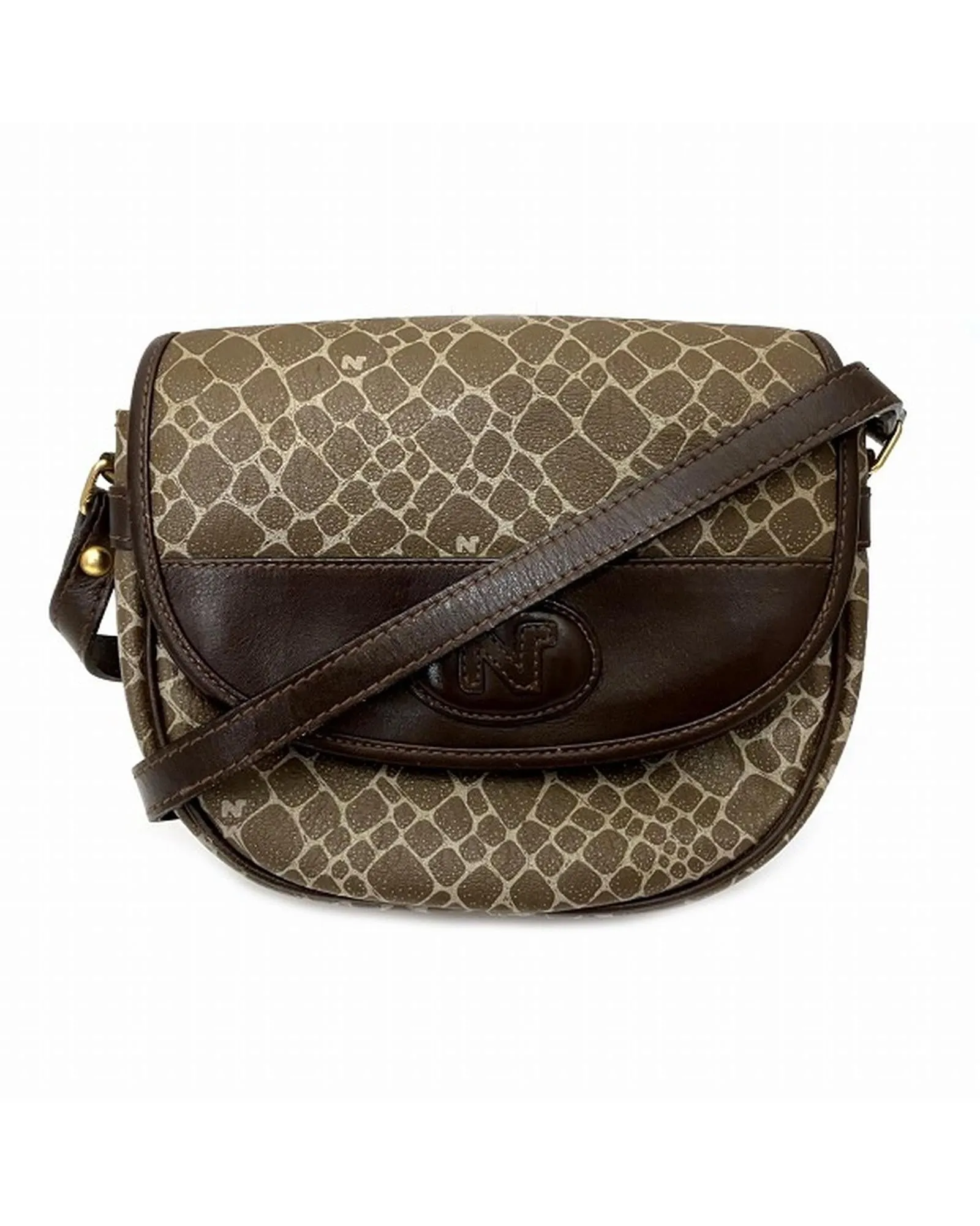 Authentic Nina Ricci Logo Mini Shoulder Bag in Brown PVC and Leather