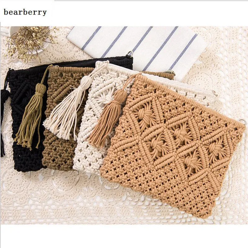 BEARBERRY 2017 high quality fashion women hollow out clutch bags brand tassel beach bags handmade kont message bags MN583