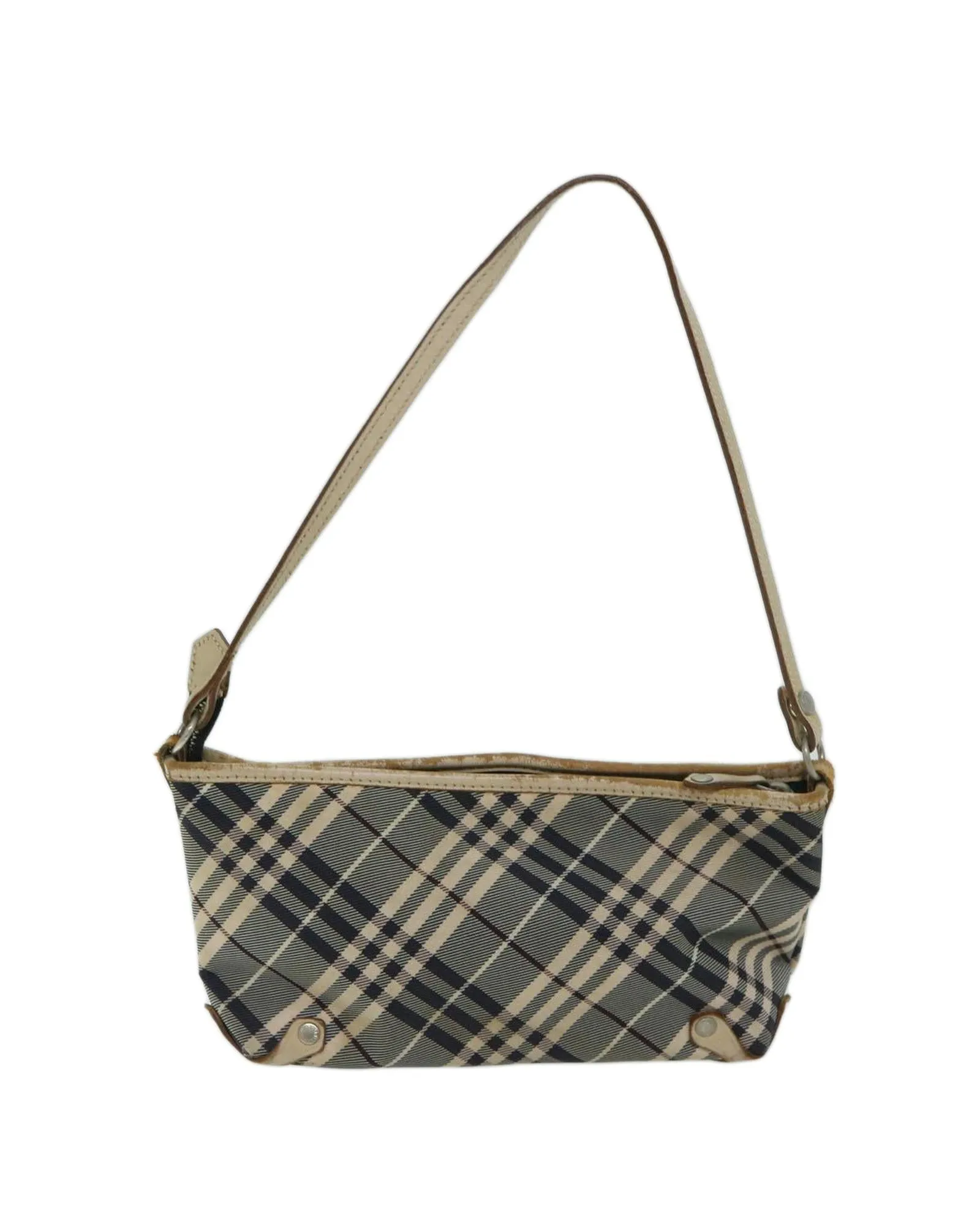 Blue Canvas Shoulder Bag with Check Pattern and Silver-tone Hardware