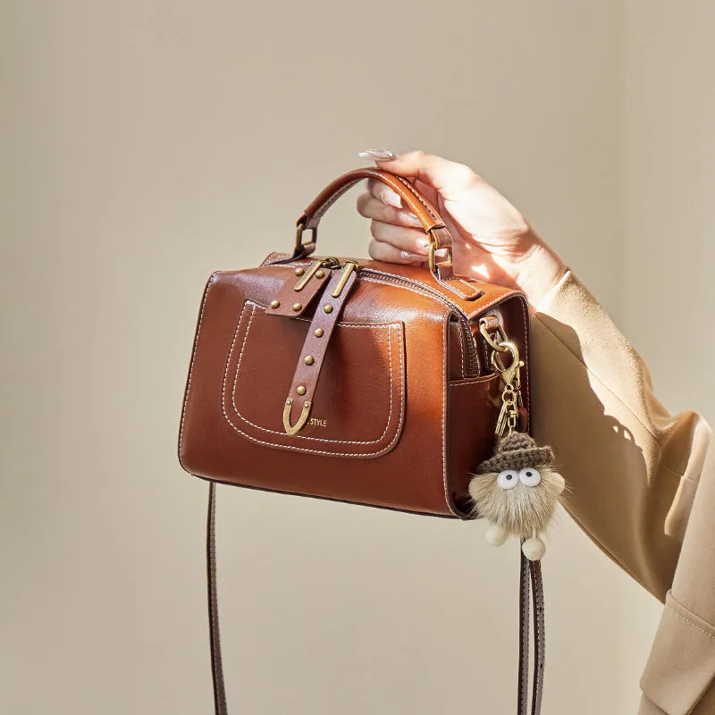 Brown Leather Casual Boston bag