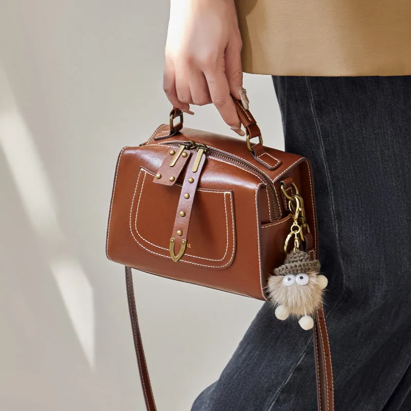 Brown Leather Casual Boston bag