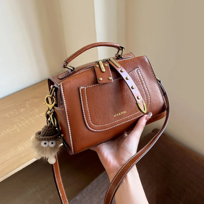 Brown Leather Casual Boston bag