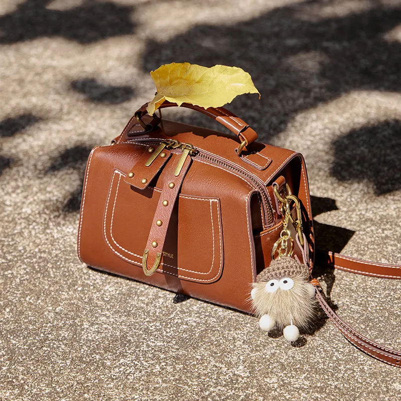 Brown Leather Casual Boston bag