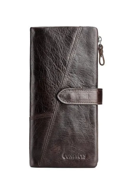 CONTACT'S Genuine Crazy Horse Cowhide Leather Men Wallets Fashion Purse With Card Holder Vintage Long Wallet Clutch Wrist Bag