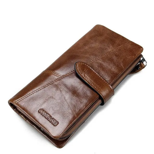 CONTACT'S Genuine Crazy Horse Cowhide Leather Men Wallets Fashion Purse With Card Holder Vintage Long Wallet Clutch Wrist Bag