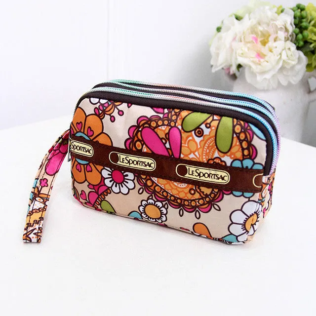 Cute Flaral 3 Zipper Women Clutch Cell Phone Bags Functional Day Clutches Evening  Coin Purse 2016