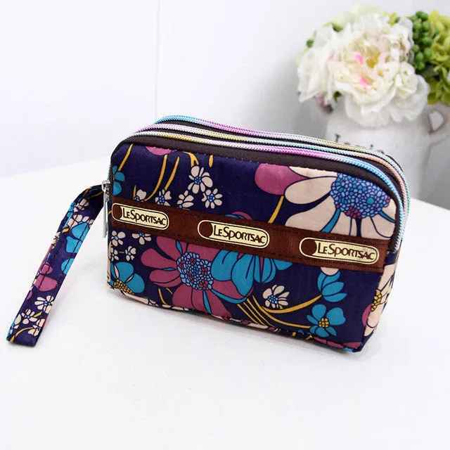 Cute Flaral 3 Zipper Women Clutch Cell Phone Bags Functional Day Clutches Evening  Coin Purse 2016