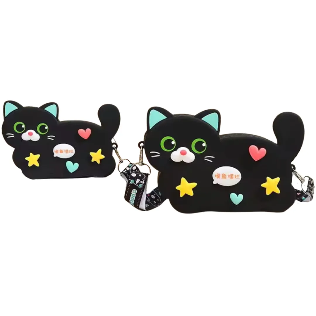 Heart and Star Kawaii Cat Purse - Black