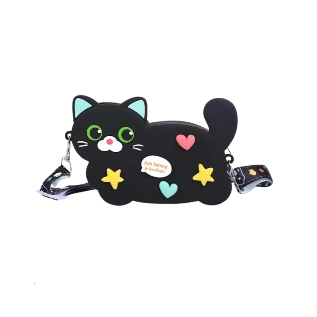 Heart and Star Kawaii Cat Purse - Black