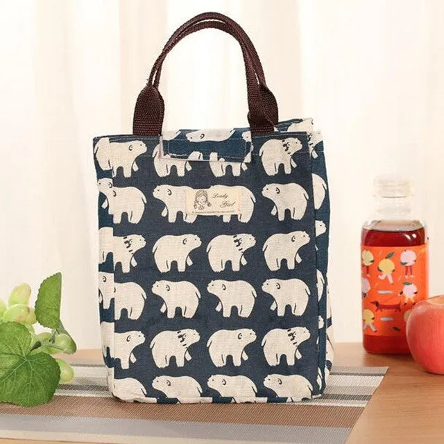 Insulated Portable Lunch Bag Cartoon Animals Canvas Thermal Food Picnic Lunch Bags For Women Kids Cooler Lunch Box Bag Tote