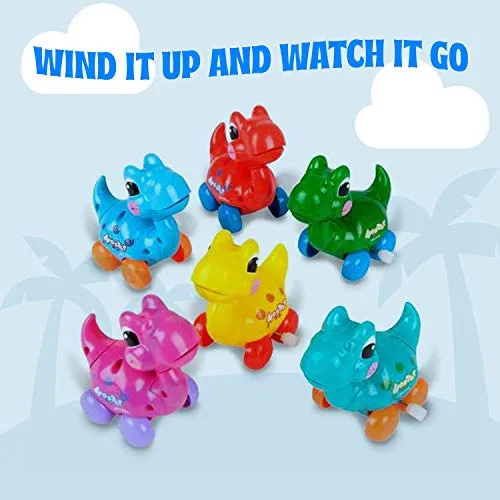 Kicko Wind-Up Dinosaur - Pack of 6, 3.25 Inch Multi-Colored Little Dinos with Wheels