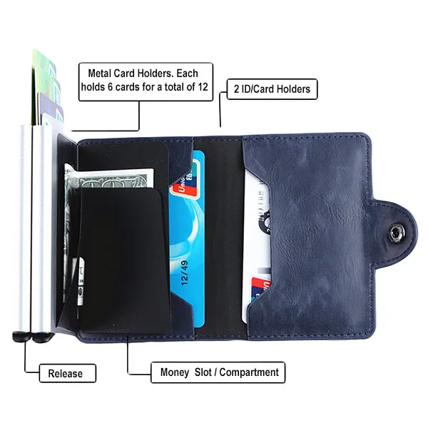 Leather RFID Wallet with Double Aluminum Card Holder for Men and Women