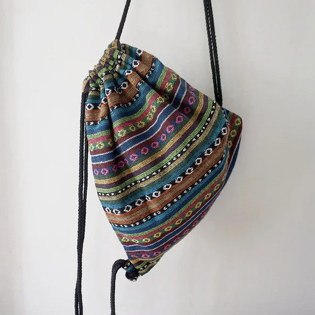 LilyHood Women Fabric Backpack Female Gypsy Bohemian Boho Chic Aztec Ibiza Tribal Ethnic Ibiza Brown Drawstring Rucksack Bags