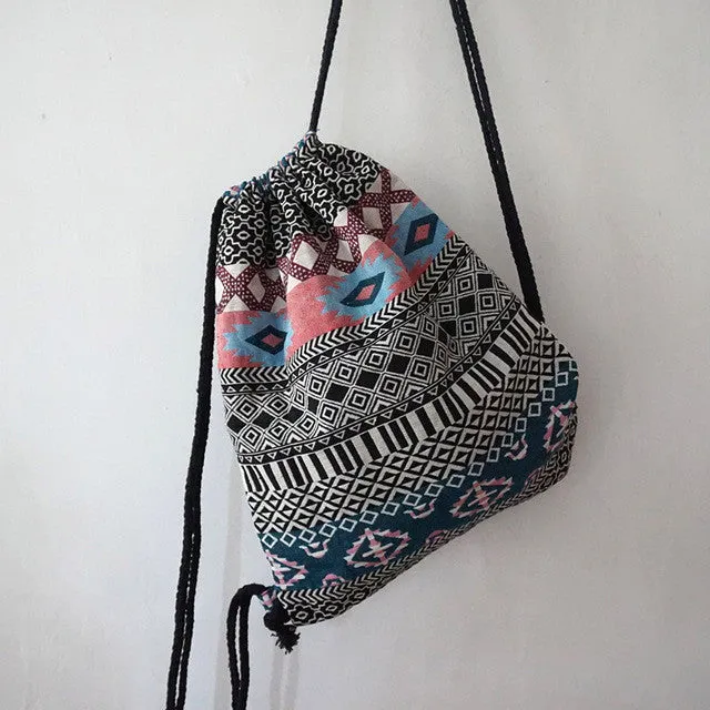 LilyHood Women Fabric Backpack Female Gypsy Bohemian Boho Chic Aztec Ibiza Tribal Ethnic Ibiza Brown Drawstring Rucksack Bags