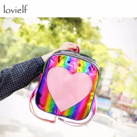 lovielf NEW Women Girls Ins Cute Love Heart Rainbow laser Bling Transparent Travel Backpack