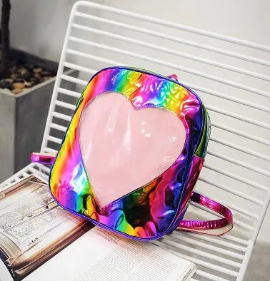 lovielf NEW Women Girls Ins Cute Love Heart Rainbow laser Bling Transparent Travel Backpack