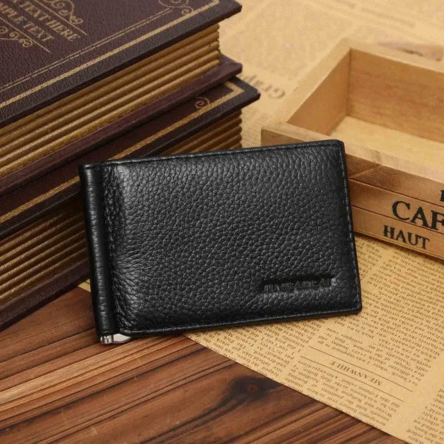 Luxury Brand Genuine Leather Men Wallet Purse Hold Bill With Male Slim Clamp For Money Clip Metal Holder Cash Credit Card Pocket