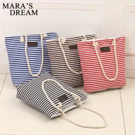 Mara's Dream Fashion Canvas Unisex Stripe Women Zipper Handbag Strap Coffee Shopping Bag Shoulder Bag Lady Bags