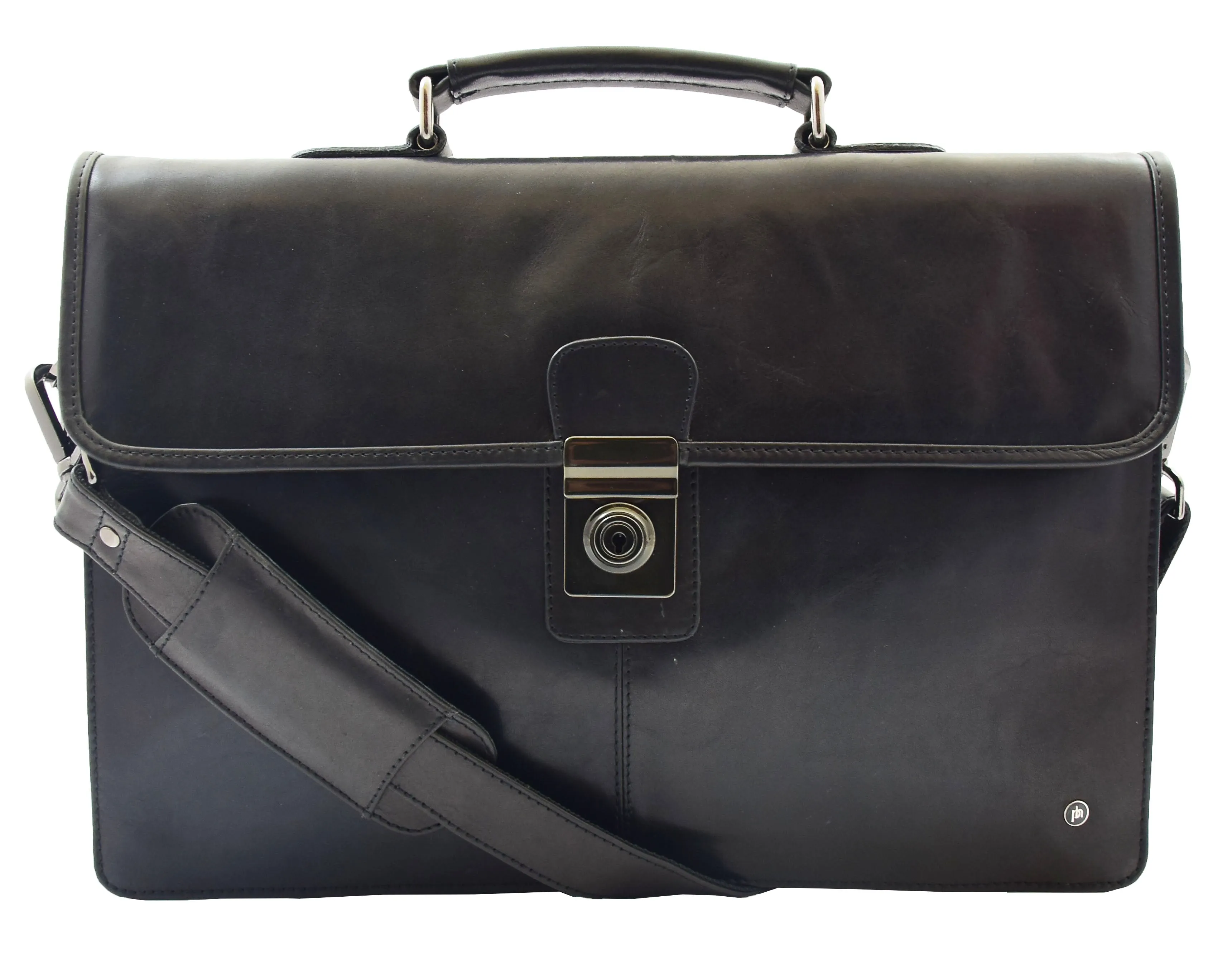 Mens Leather Slimline Briefcase Black Shoulder Office Bag David