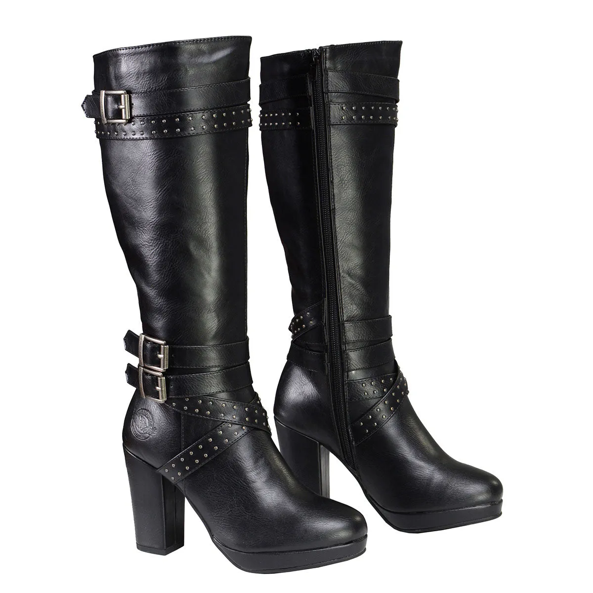 Milwaukee Leather MBL9422 Women's Tall Black Studded Strap Boots with Platform Heel