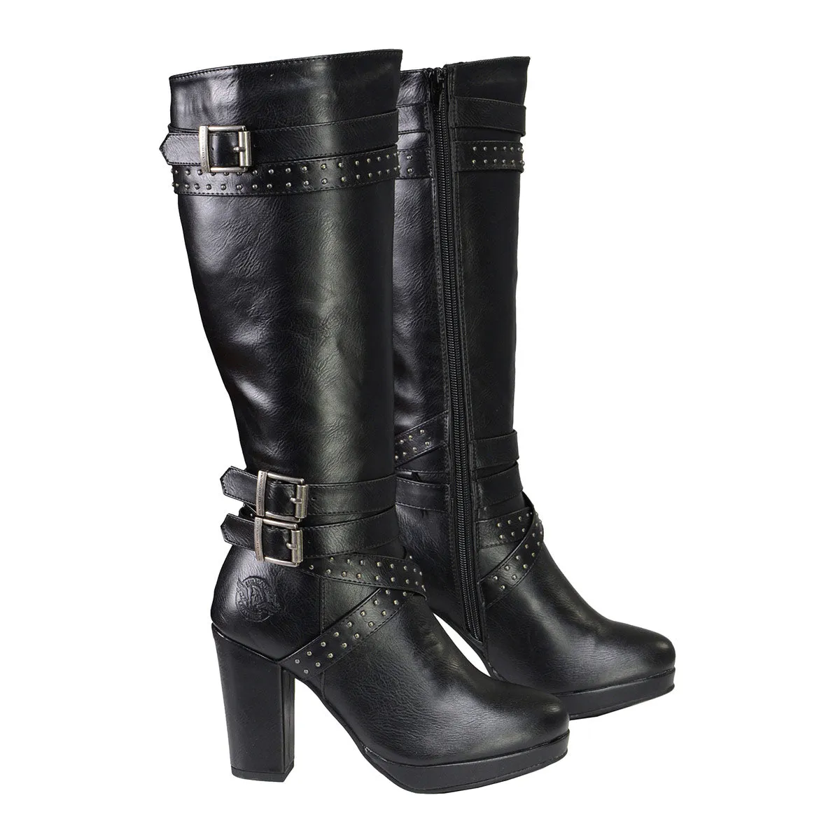 Milwaukee Leather MBL9422 Women's Tall Black Studded Strap Boots with Platform Heel