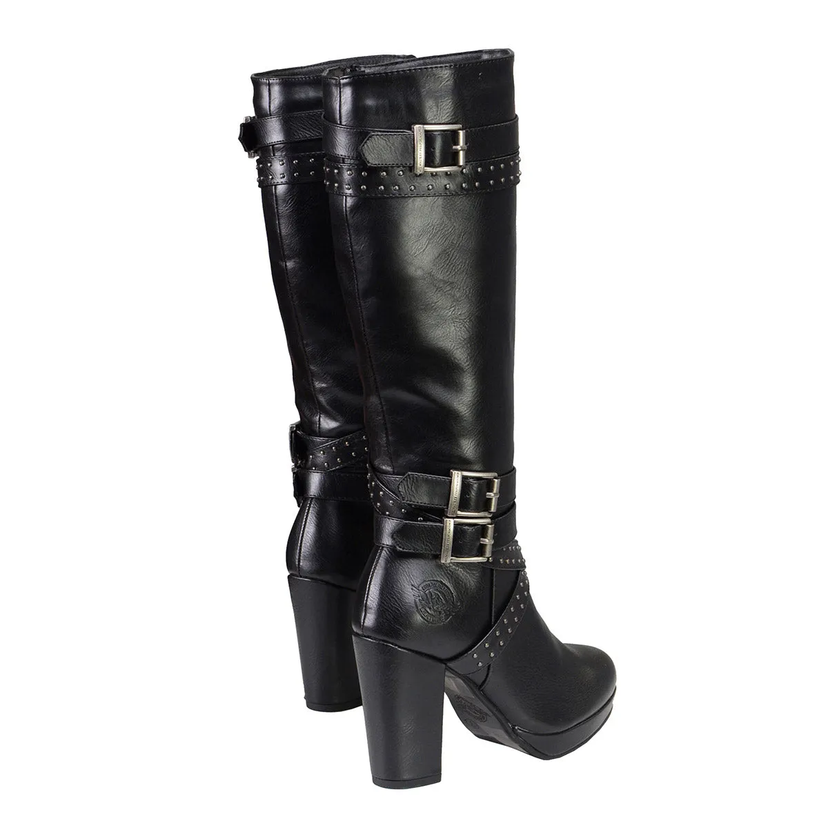 Milwaukee Leather MBL9422 Women's Tall Black Studded Strap Boots with Platform Heel