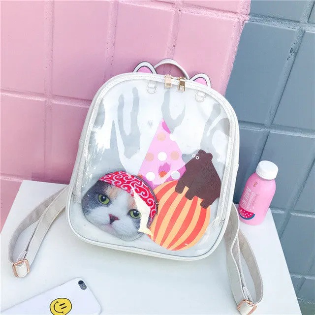 MSMO Lovely Cat Ear Leather Backpacks Candy Color Transparent Bag Women Shoulder Bags School Teenage Girls Travel Bagpack Itabag