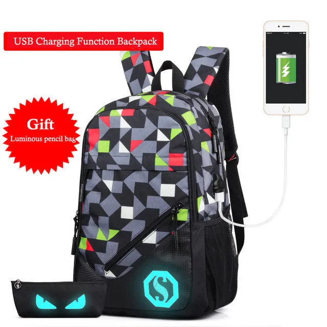 New Design USB Charging Men's Backpacks Male Casual Travel Luminous Mochila Teenagers Women Student School Bags Laptop Backpack