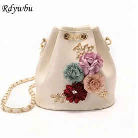 Rdywbu Handmade Flowers Bucket Bags Mini Shoulder Bags With Chain Drawstring Small Cross Body Bags Pearl Bags Leaves Decals H153