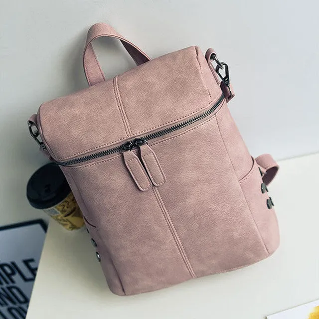 Simple Style Backpack Women PU Leather Backpacks For Teenage Girls School Bags Fashion Vintage Solid Shoulder Bag Pink XA568H