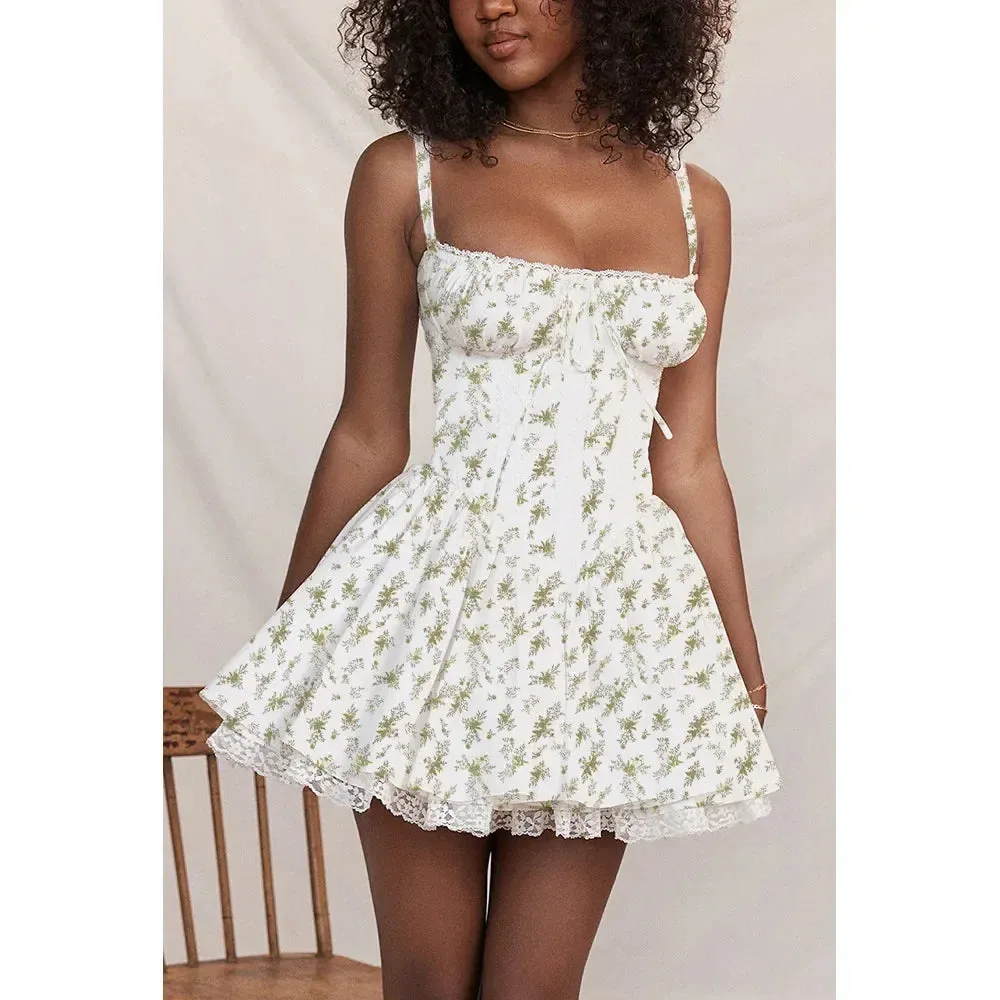 Summer Women's 2024 NEW Lace-up High Waist Lace Floral Print A-line Mini Dress