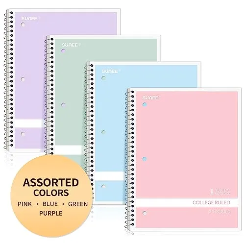 SUNEE Spiral Notebooks College Ruled, 1-Subject, 4 Pack, 8 x 10-1/2 in, 70 Sheets per Notebook, 3-Hole Punched Paper, Pastel Pink, Purple, Blue, Green Notebooks for School, Home&Office,Writing Journal