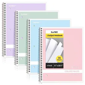 SUNEE Spiral Notebooks College Ruled, 1-Subject, 4 Pack, 8 x 10-1/2 in, 70 Sheets per Notebook, 3-Hole Punched Paper, Pastel Pink, Purple, Blue, Green Notebooks for School, Home&Office,Writing Journal