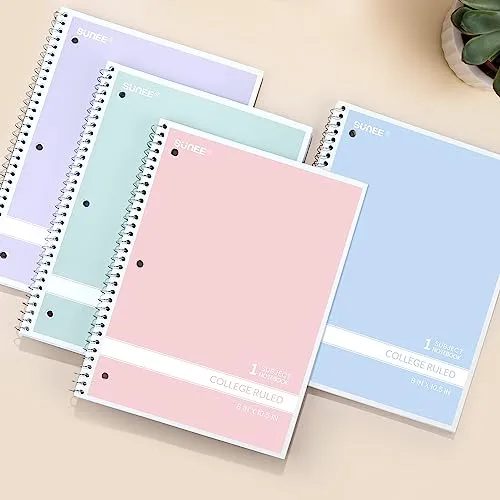 SUNEE Spiral Notebooks College Ruled, 1-Subject, 4 Pack, 8 x 10-1/2 in, 70 Sheets per Notebook, 3-Hole Punched Paper, Pastel Pink, Purple, Blue, Green Notebooks for School, Home&Office,Writing Journal