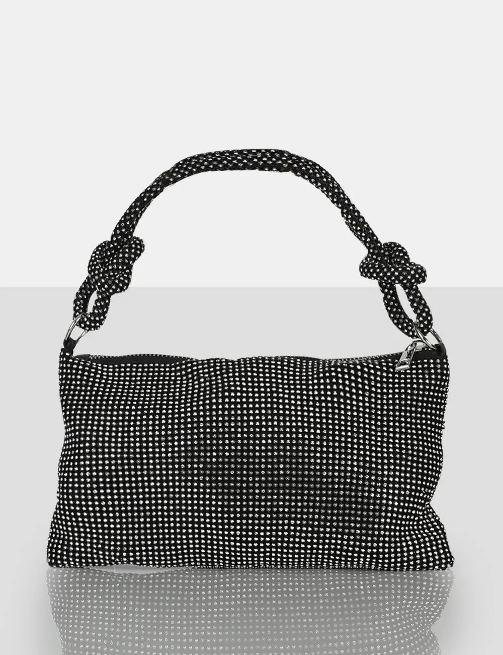 The Ingrid Black Diamante Zip Up Knot Detail Mini Shoulder Bag