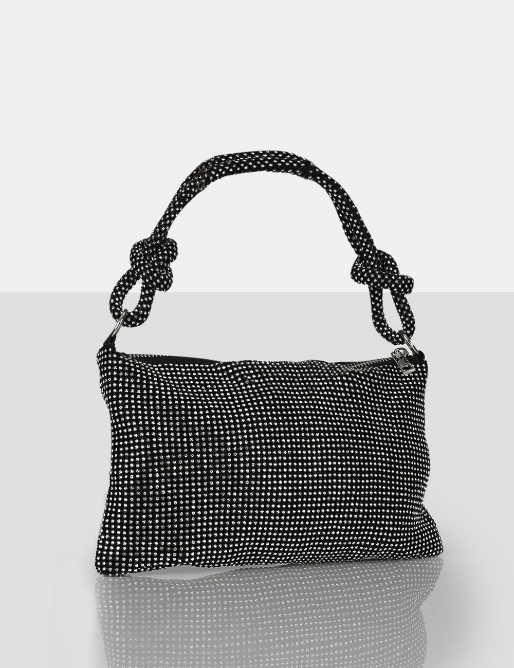 The Ingrid Black Diamante Zip Up Knot Detail Mini Shoulder Bag