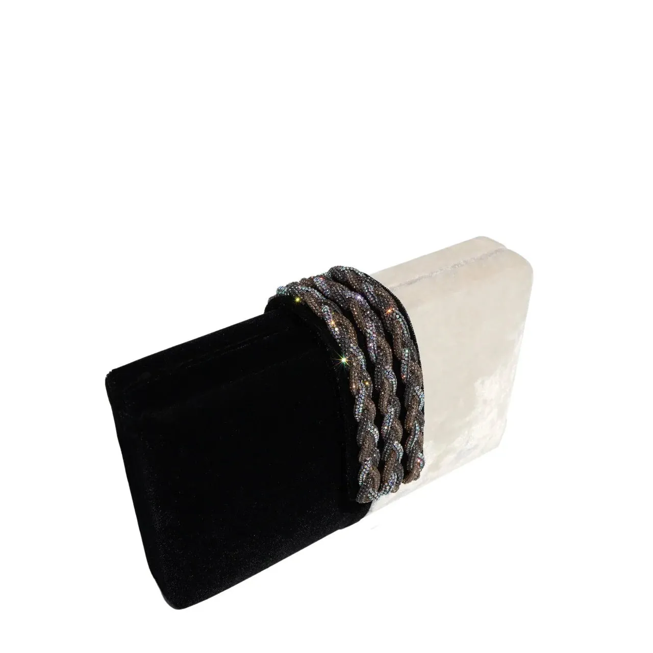 Velvet Tuxedo Clutch with Braided Crystal Closure - Black/White