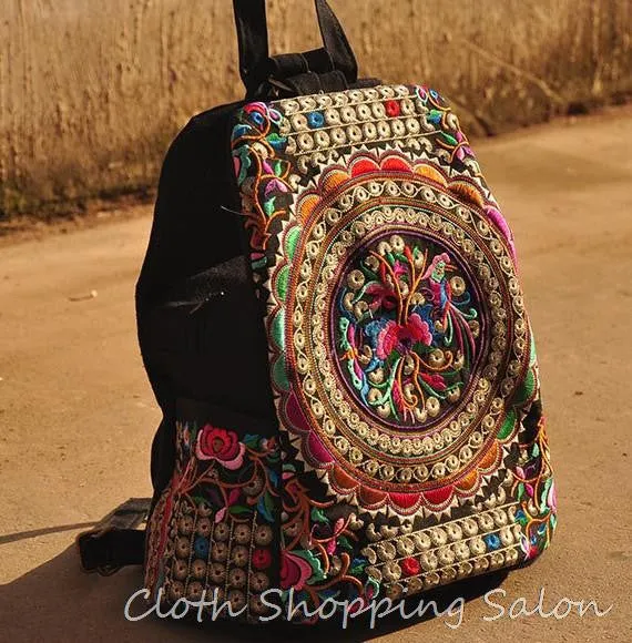 Vintage Embroidery Ethnic Canvas Backpack Women Handmade Flower Embroidered Travel Bags Schoolbag Backpacks Rucksack Mochila