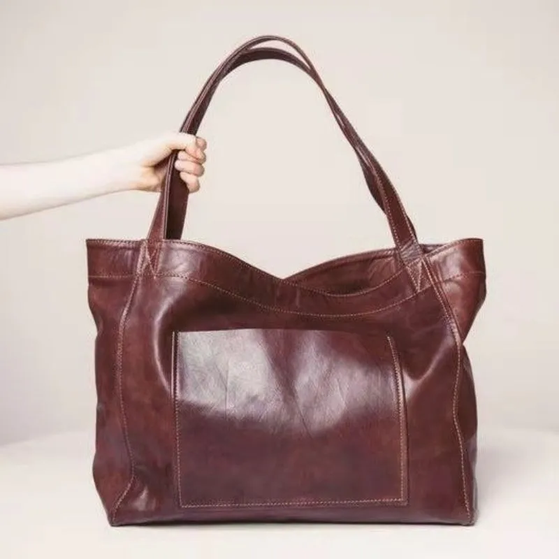 Vintage Oil Wax Leather Large Capacity Tote Bag for Women