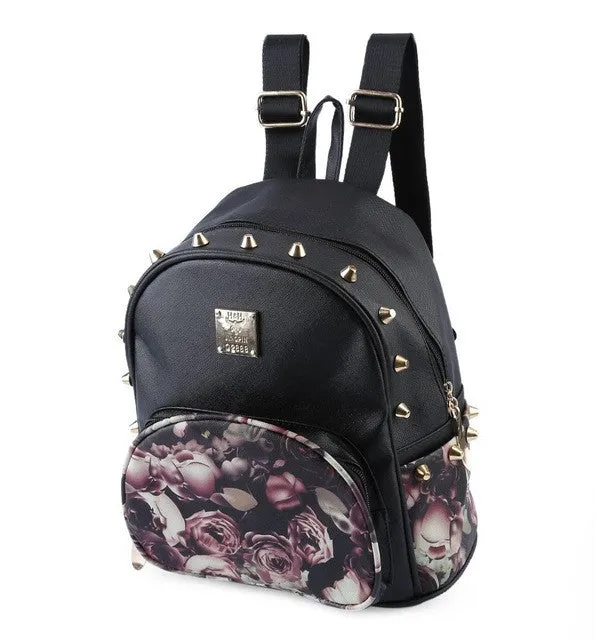 Women Cute School Bags Backpack Mini 2016 Fashion Back Pack Floral Printing Black Small PU Leather Backpack For Teenagers Girls