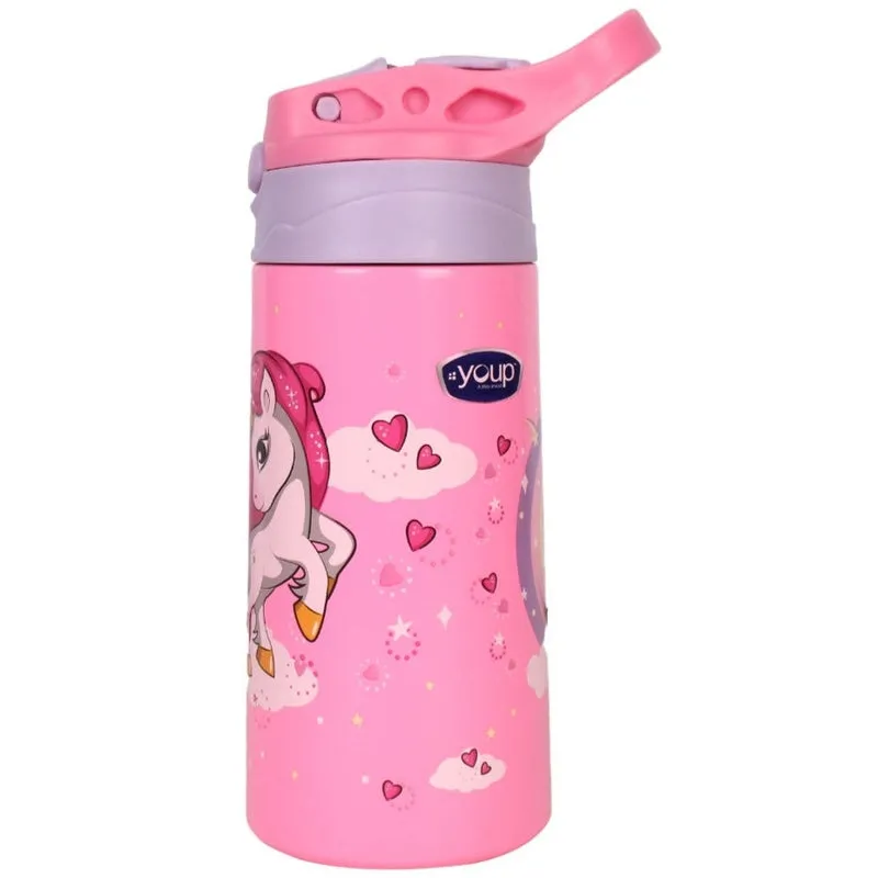 Youp Stainless steel insulated pink color Unicorn theme kids anti-dust sipper bottle TINKLER - 400 ml