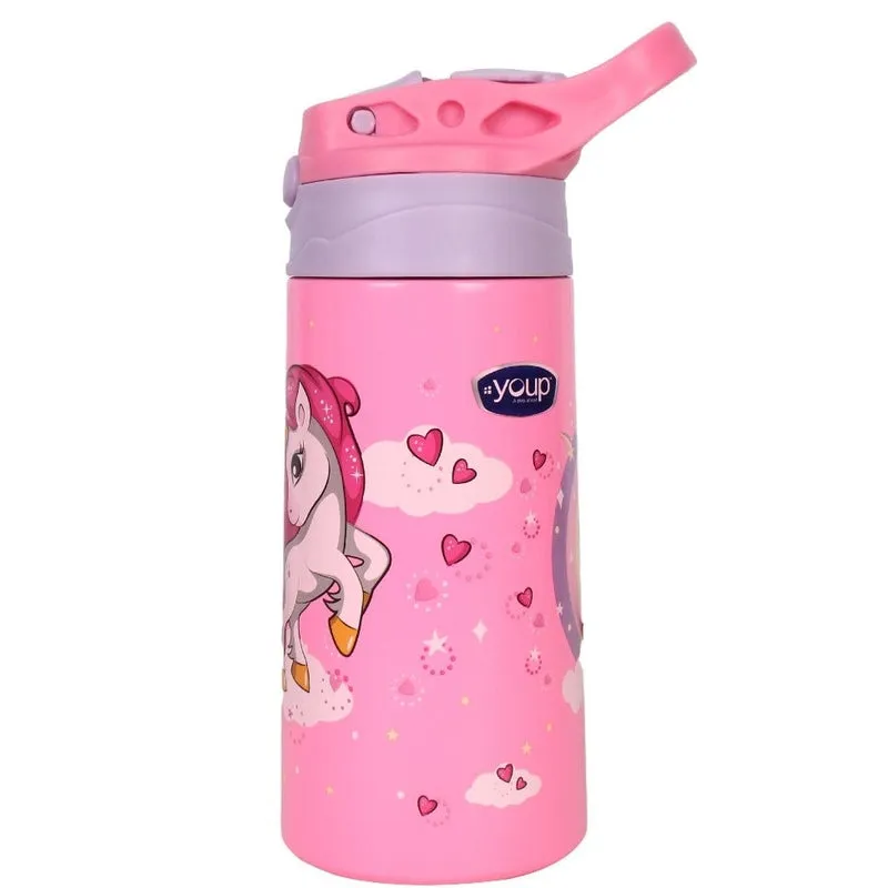 Youp Stainless steel insulated pink color Unicorn theme kids anti-dust sipper bottle TINKLER - 400 ml